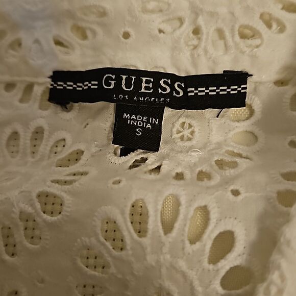 Guess Women's Embroidery Eyelet Button Front Crop Tie Front Shirt Small White - Picture 6 of 16